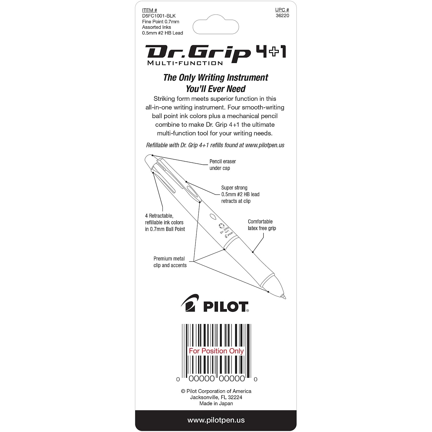 PILOT Dr. Grip 4+1 Multi-Function Refillable & Retractable Ballpoint Pen + Pencil, Fine Point, Black Barrel, Black/Red/Blue/Green Inks, Single Pen (36220) - Image 4