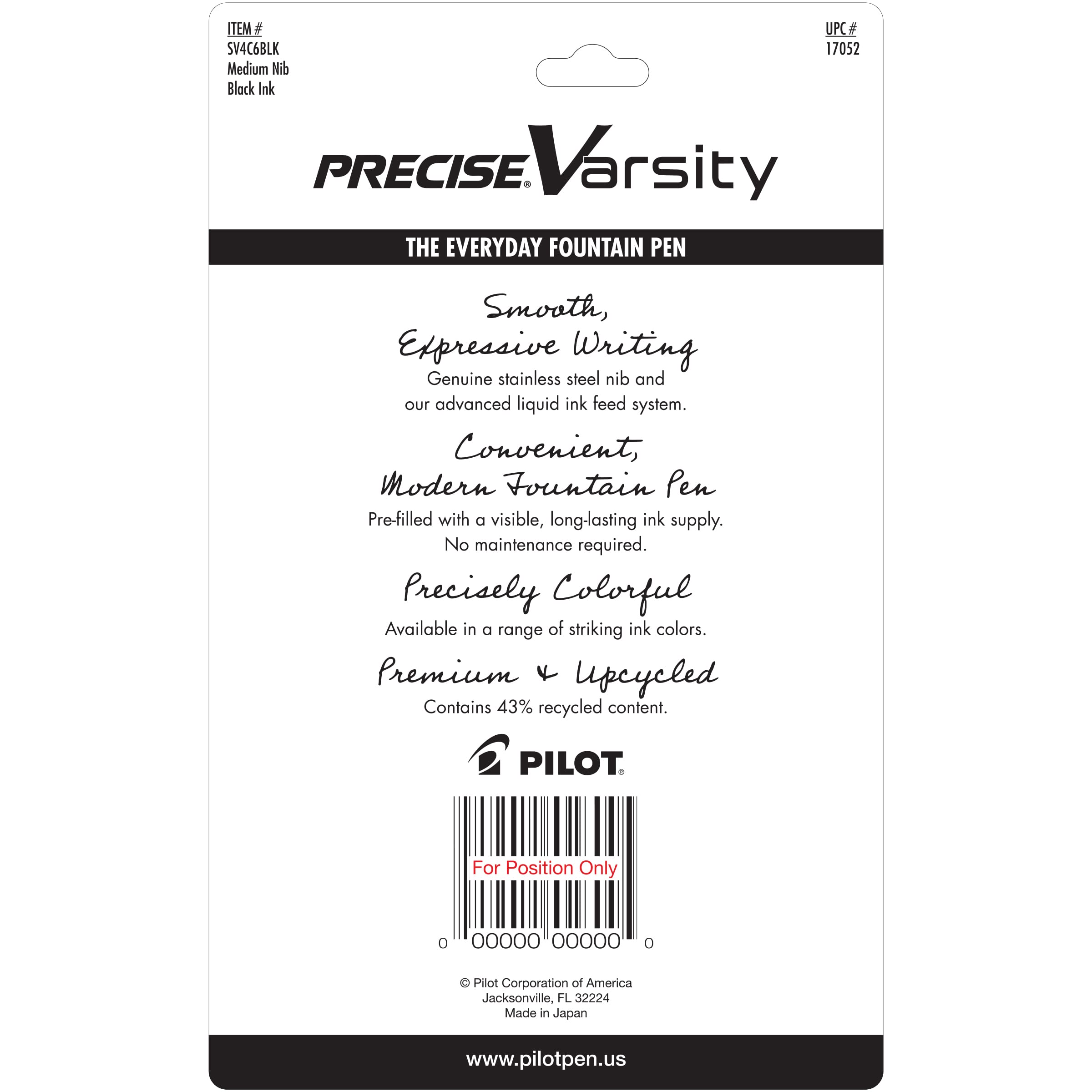 Pilot, Precise Varsity Pre-Filled Fountain Pens, Medium Point 1 mm Stainless Steel Nib, Black, 6-Pack - Image 3